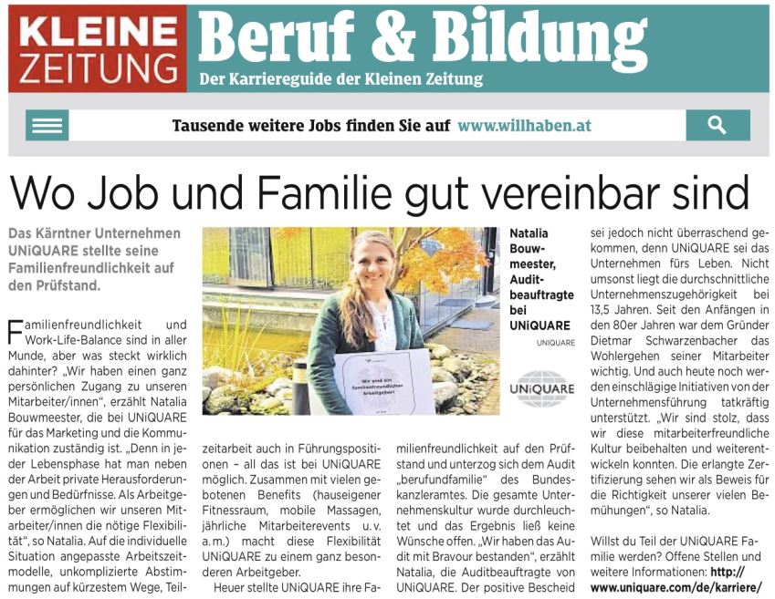 You are currently viewing Kleine Zeitung über Familienfreundlichkeit auf höchstem Niveau bei UNiQUARE
